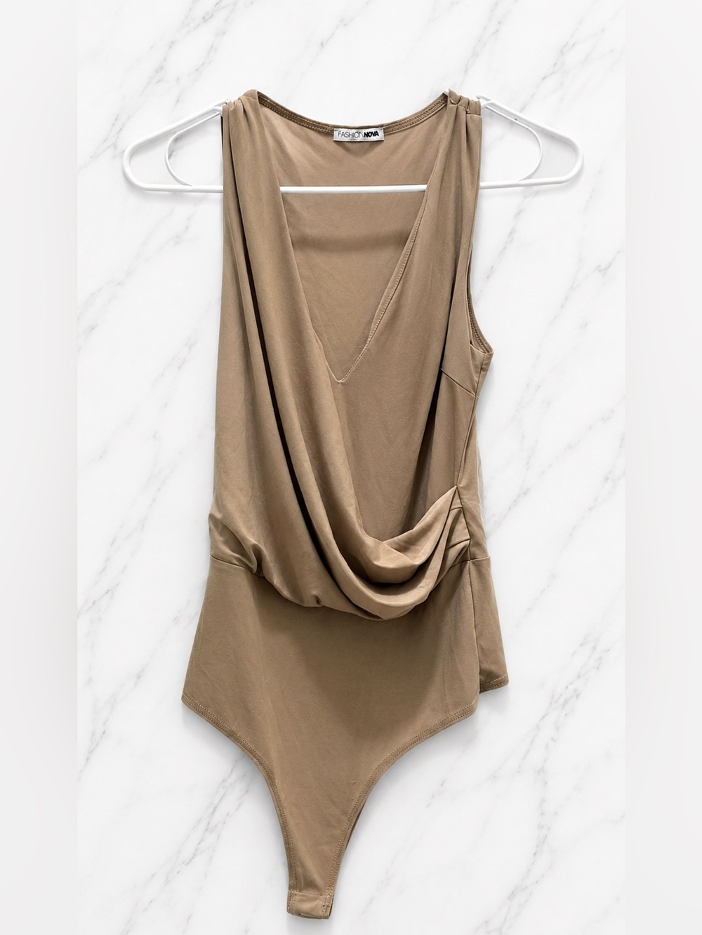 Fashion Nova Plunging Draped Cowl Neck Bodysuit Taupe Tan Thong | Small